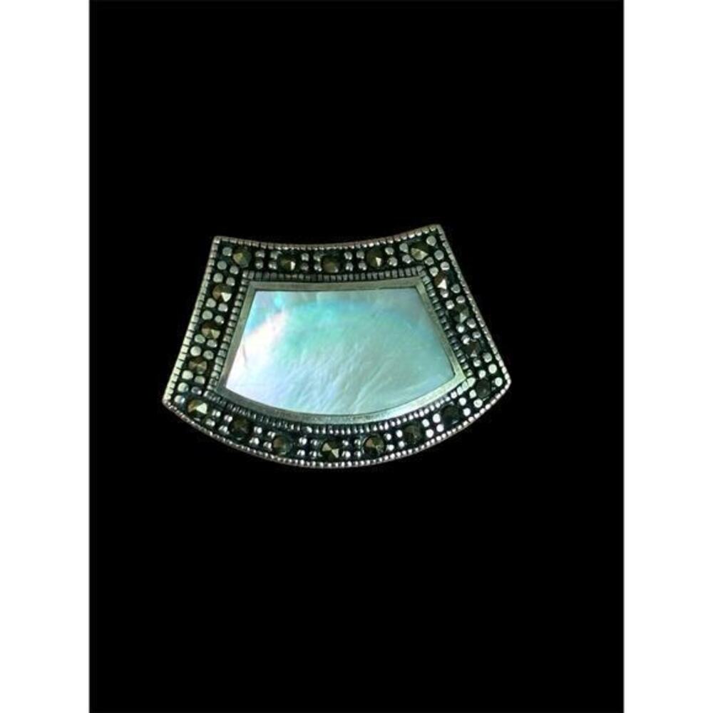 Sterling Silver MOP Marcasite Collar Pin Brooch 925